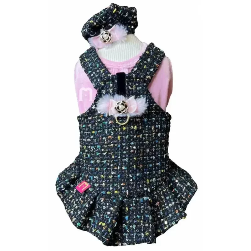 Conjunto de Boina Mais Jardineira em Tweed Preto